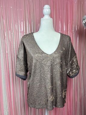 Deletta Metallic Sequin V-Neck Short Sleeve Top - Bronze SZ M